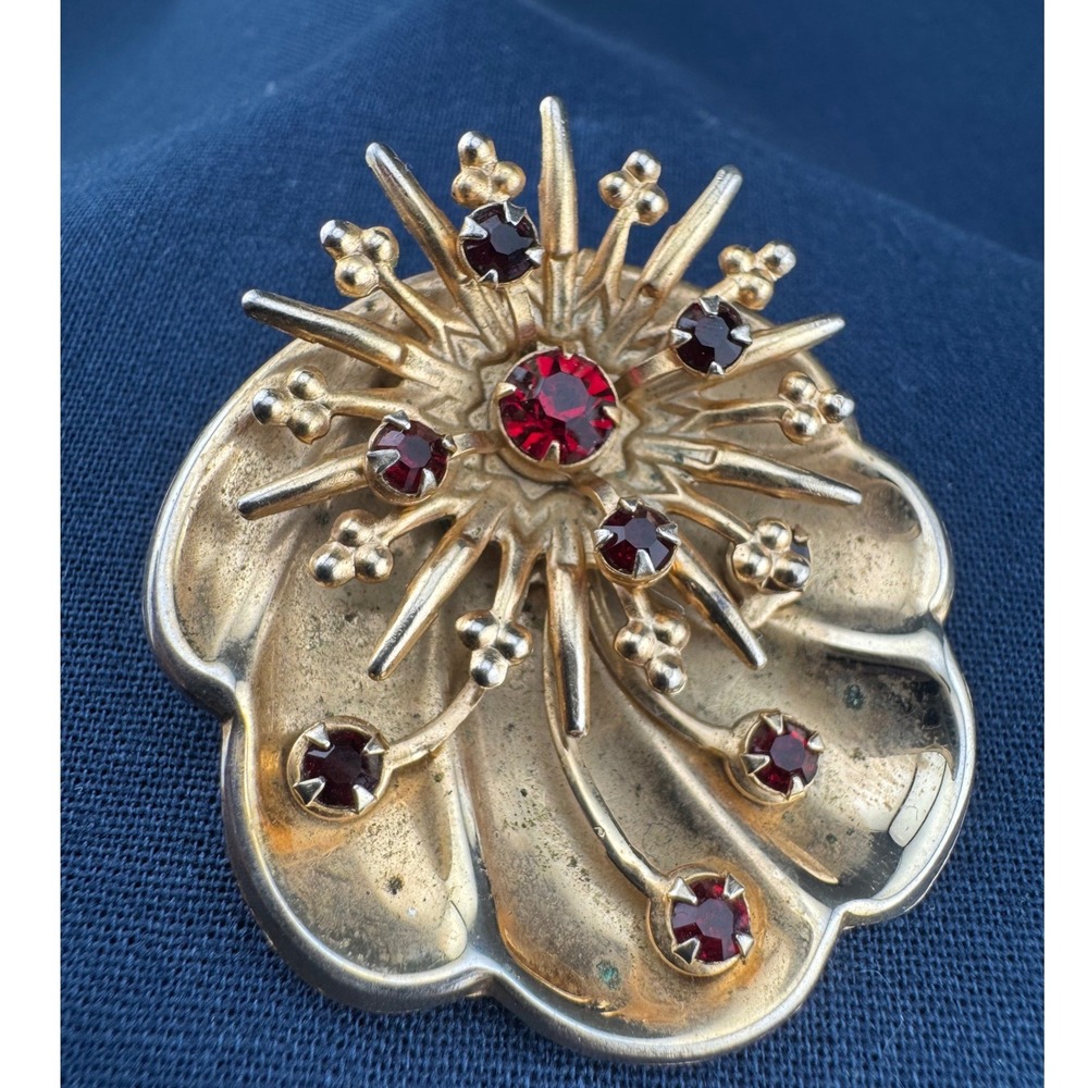 Vintage Sunburst Shell Brooch Rhinestone Gold Tone Pin Mid Century Modern READ